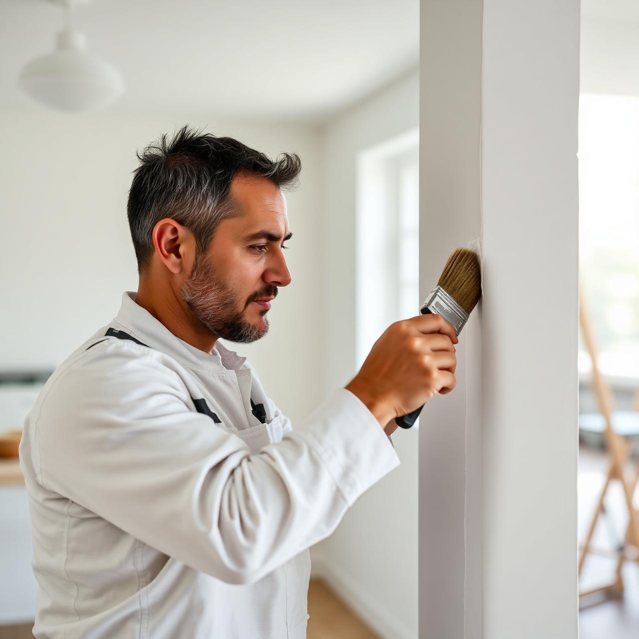 Professional painter carefully cutting in trim with a brush