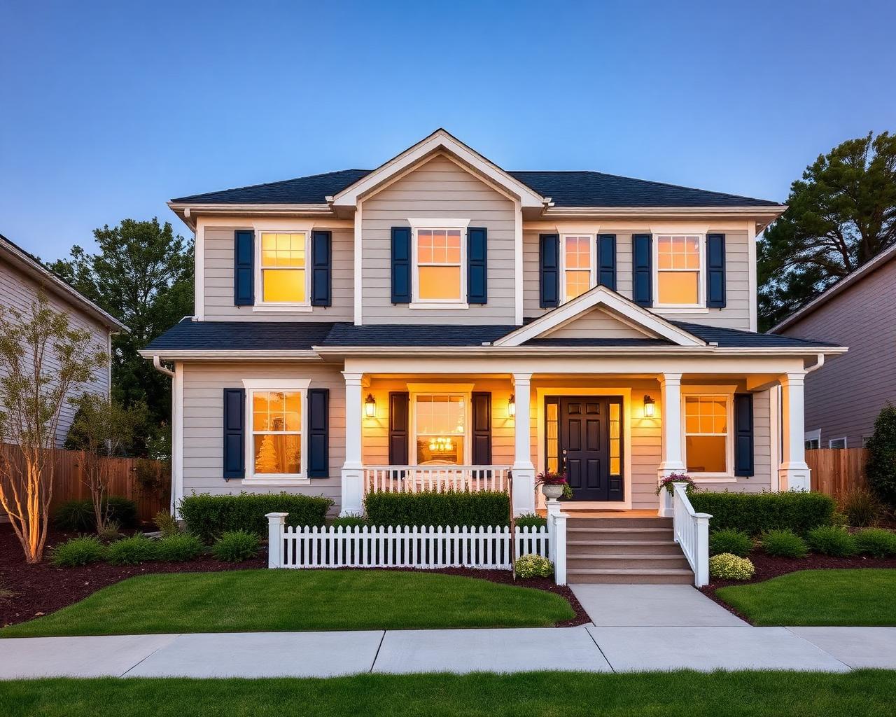 Two-story home exterior with fresh paint at dusk